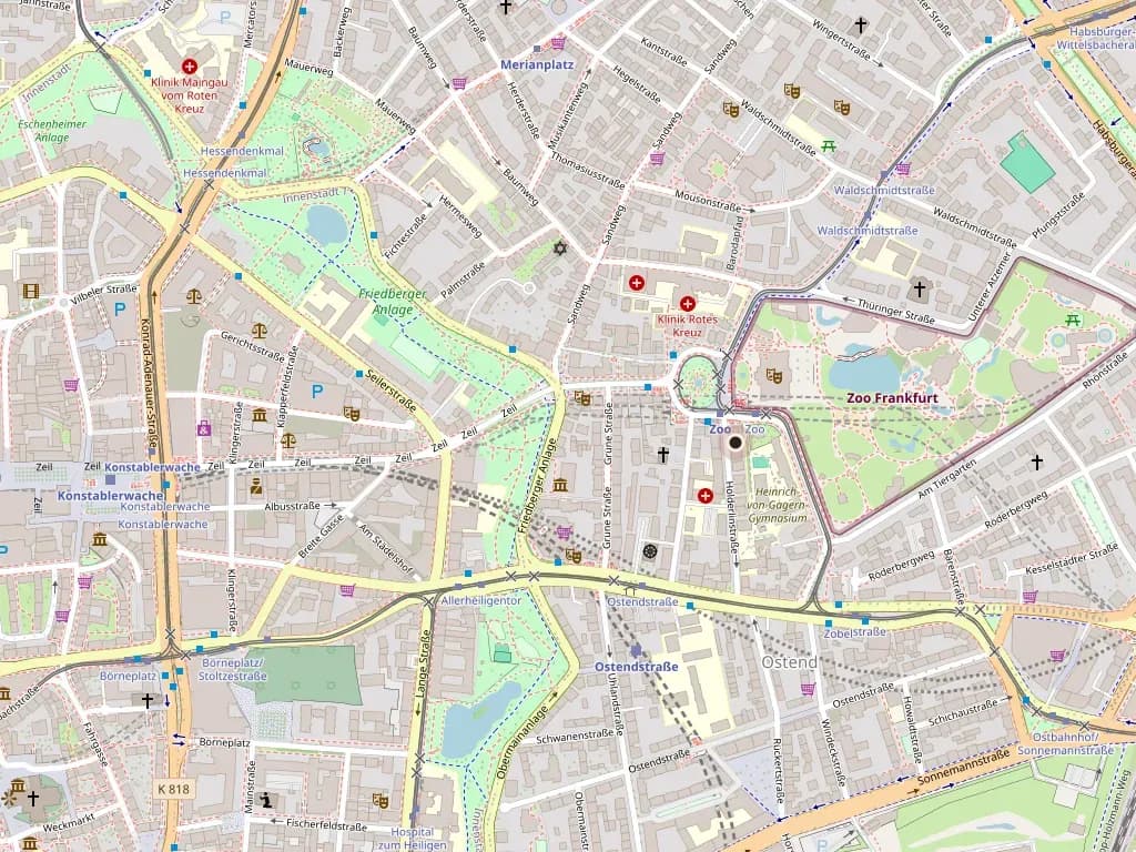 Kartenausschnitt: Hölderlinstraße im Frankfurter Ostend, nahe Haltestelle Zoo